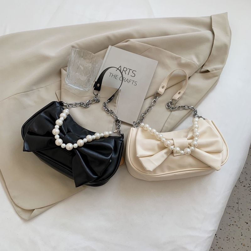 🖤Niche 設計蝴蝶結包 2021 新款夏季仙女珍珠手提包百褶側背包女包-細節圖2