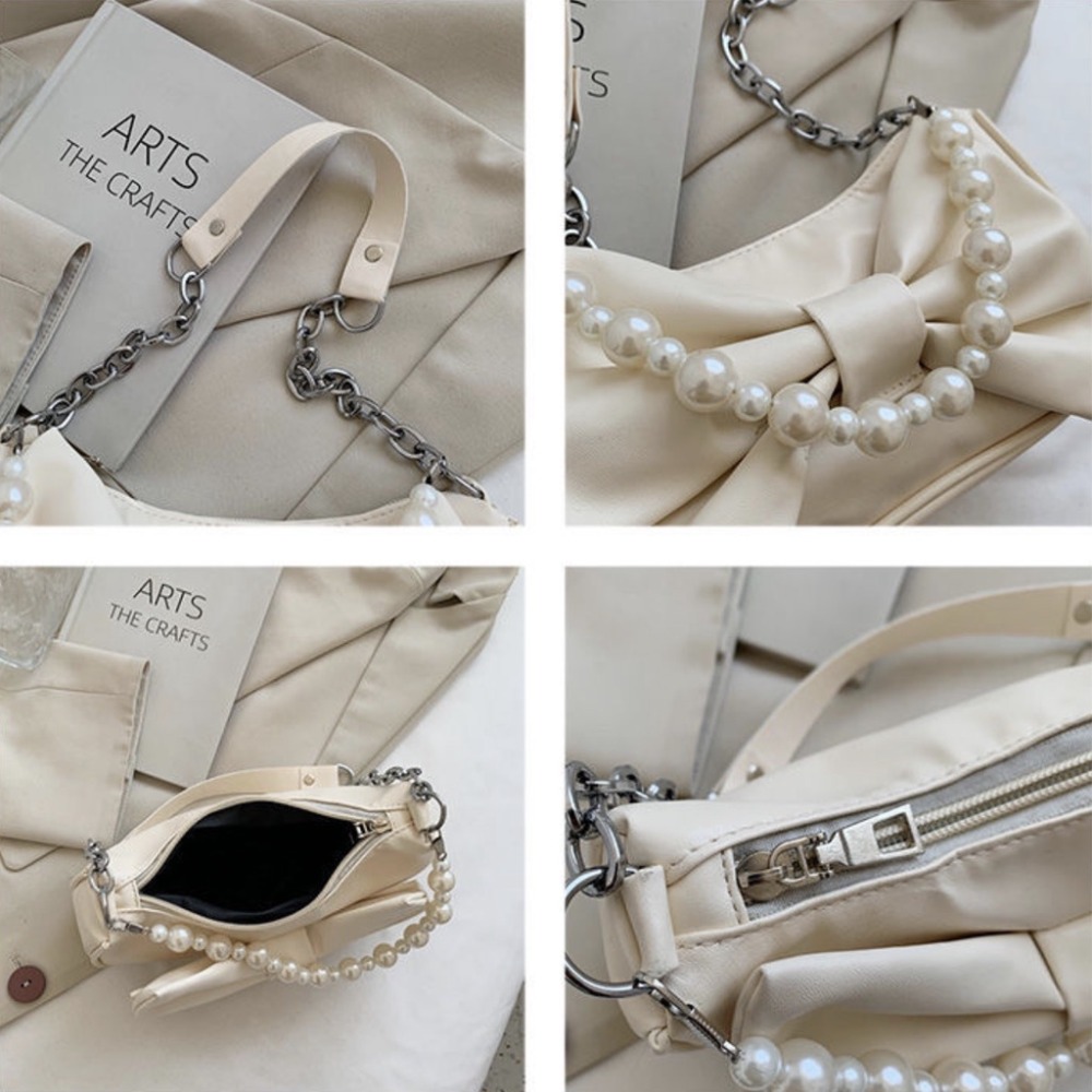 🖤Niche 設計蝴蝶結包 2021 新款夏季仙女珍珠手提包百褶側背包女包-細節圖3