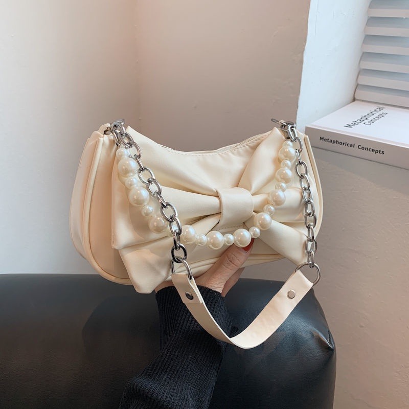 🖤Niche 設計蝴蝶結包 2021 新款夏季仙女珍珠手提包百褶側背包女包-細節圖4