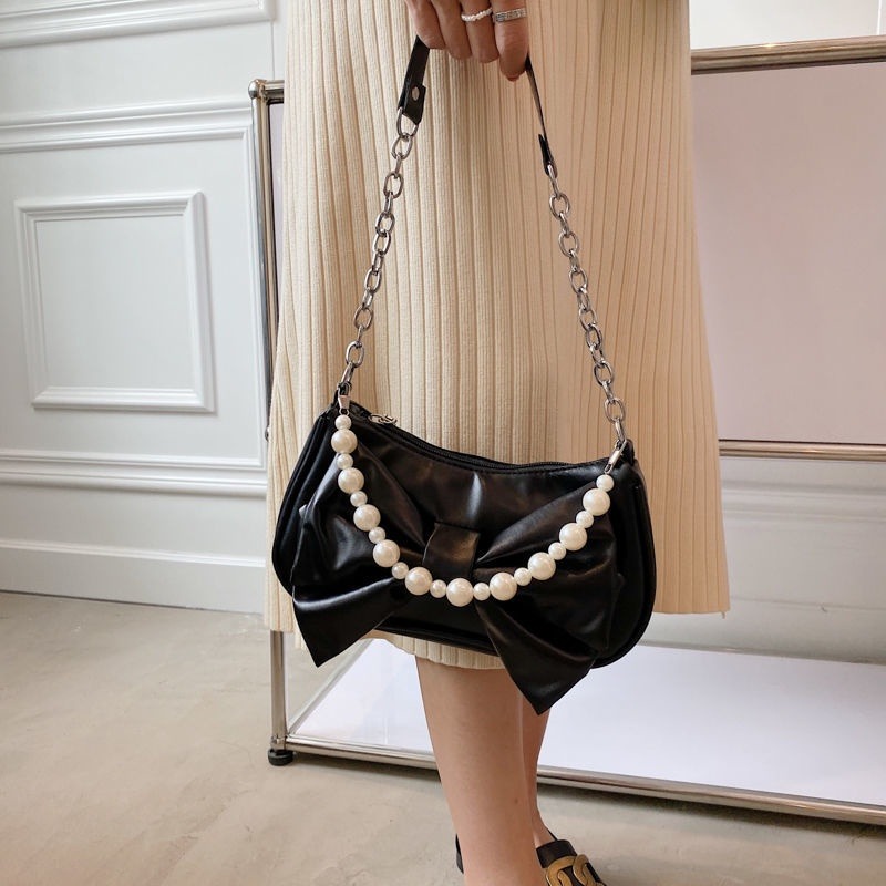 🖤Niche 設計蝴蝶結包 2021 新款夏季仙女珍珠手提包百褶側背包女包-細節圖6