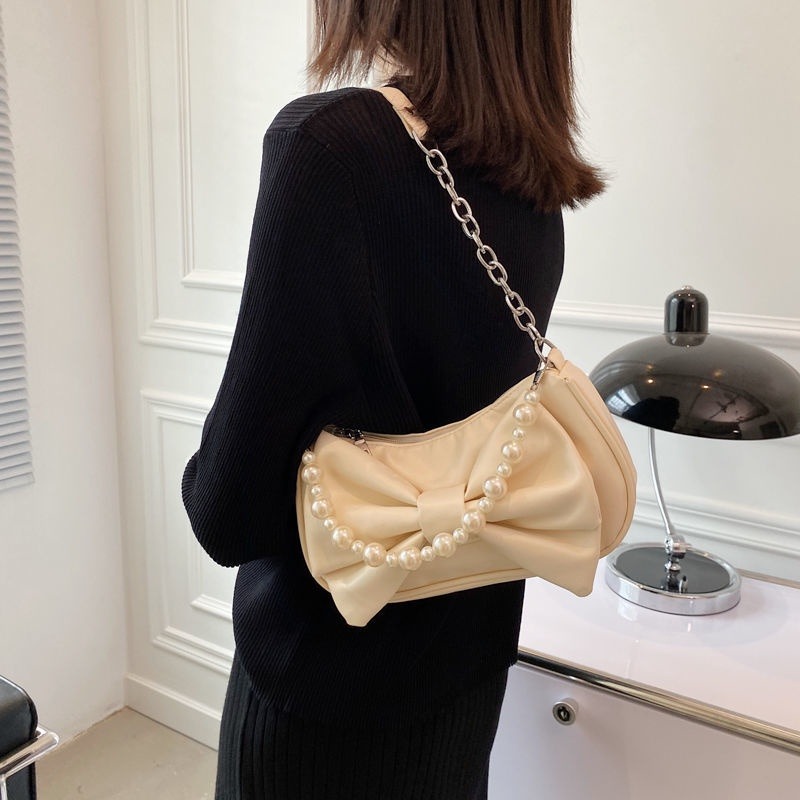 🖤Niche 設計蝴蝶結包 2021 新款夏季仙女珍珠手提包百褶側背包女包-細節圖7