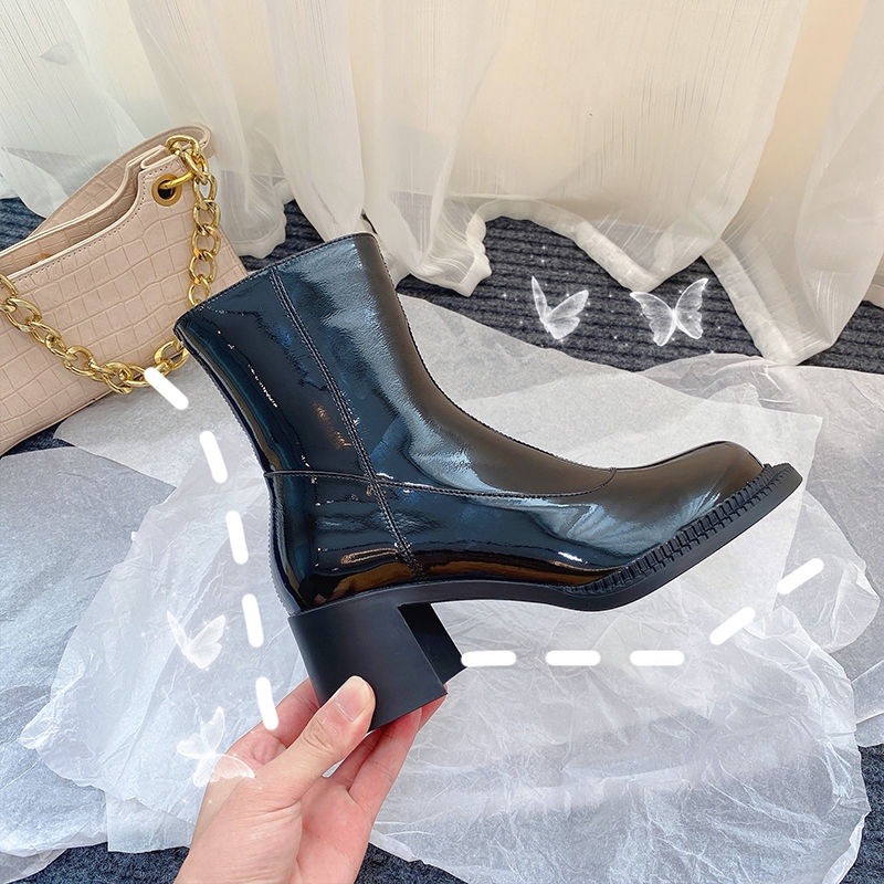 漆皮馬丁靴女2022年秋季新款復古白色靴子粗跟瑪麗珍大頭厚底短靴-細節圖5