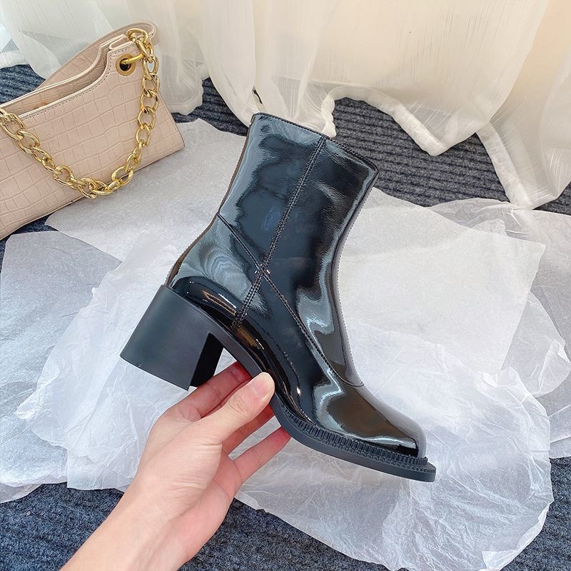 漆皮馬丁靴女2022年秋季新款復古白色靴子粗跟瑪麗珍大頭厚底短靴-細節圖7