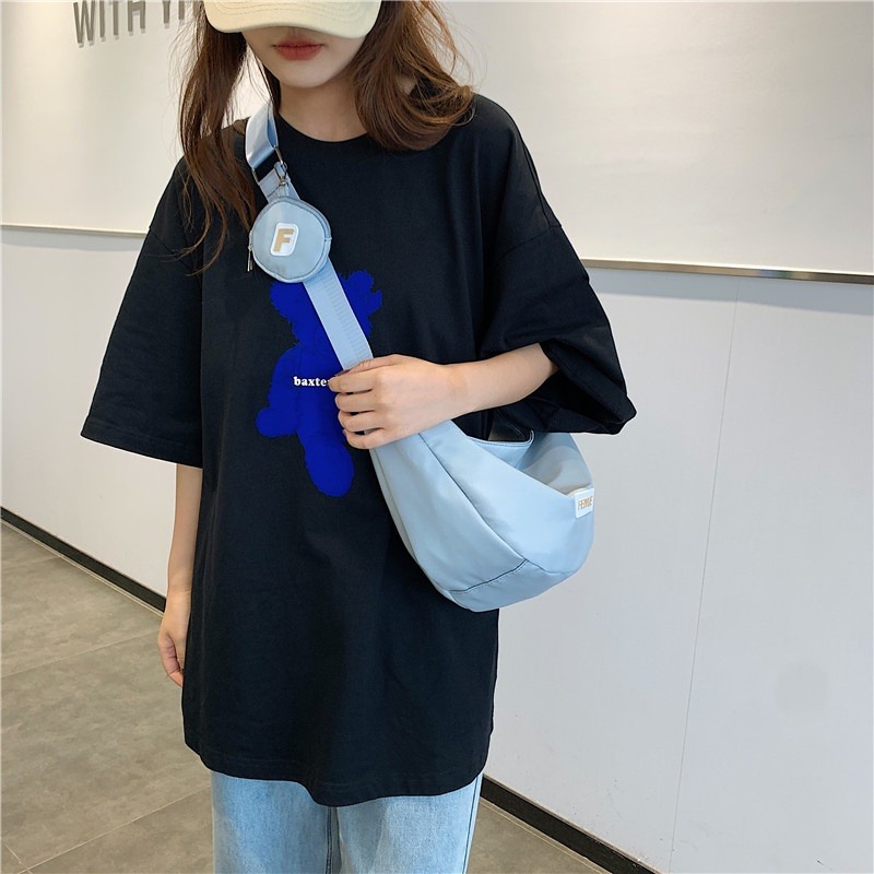韓國ins餃子包女零錢包吊飾 大學生斜背包上課斜背包休閒斜背包日系包包女兩件套子母包簡約側背包-細節圖2