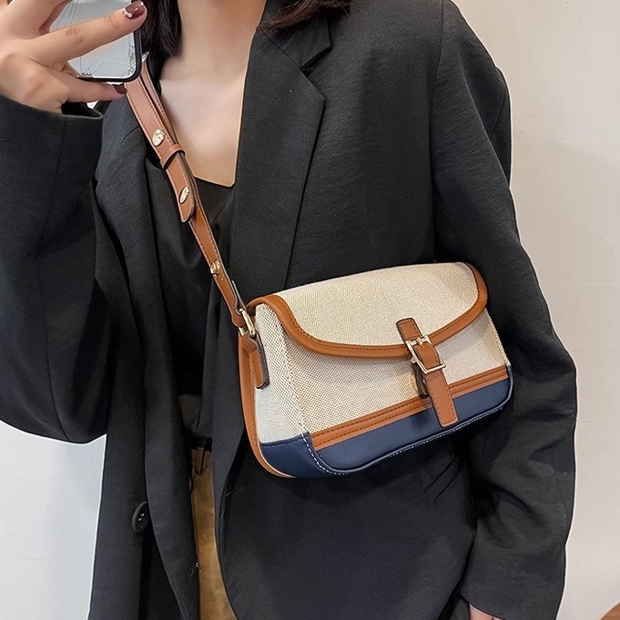 帆布拼接斜背包簡約小方包2023新款女士腋下包小眾手提包包百搭ins女包斜背包韓版斜背包-細節圖3