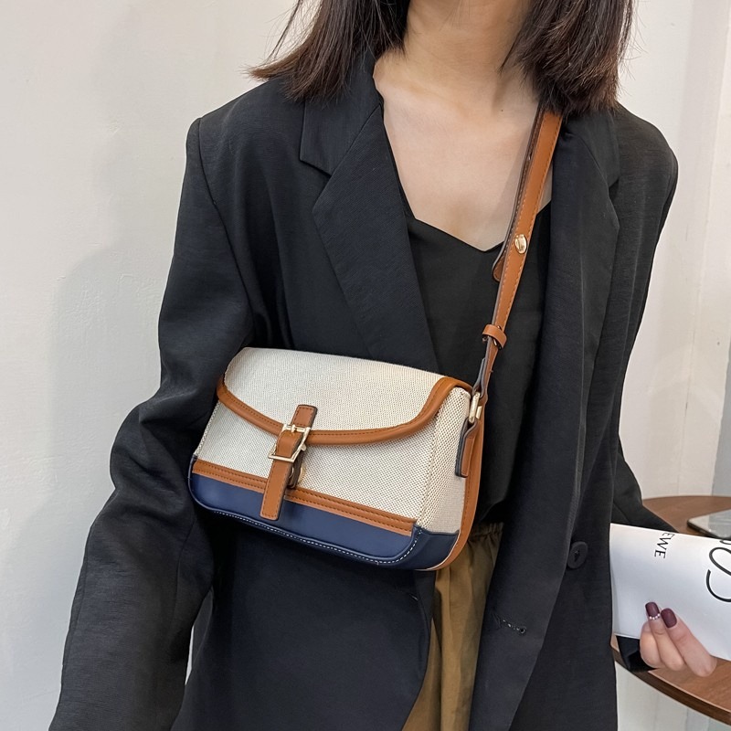 帆布拼接斜背包簡約小方包2023新款女士腋下包小眾手提包包百搭ins女包斜背包韓版斜背包-細節圖8