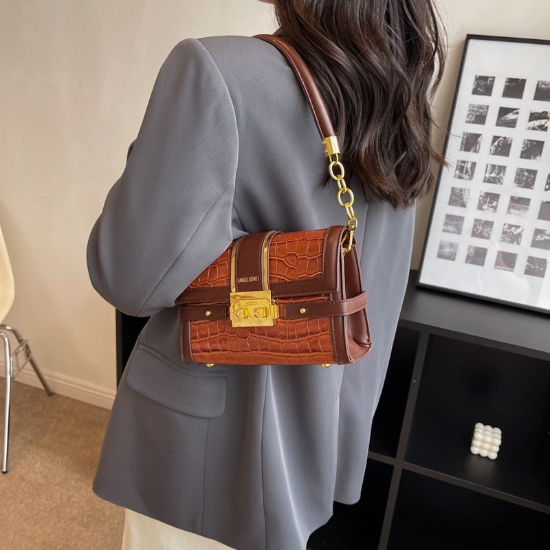 復古撞色小包包女2023新款腋下小方包斜背包豬鼻包韓版女生斜背包盒子包包雙肩帶手提斜跨包包釘子底-細節圖3