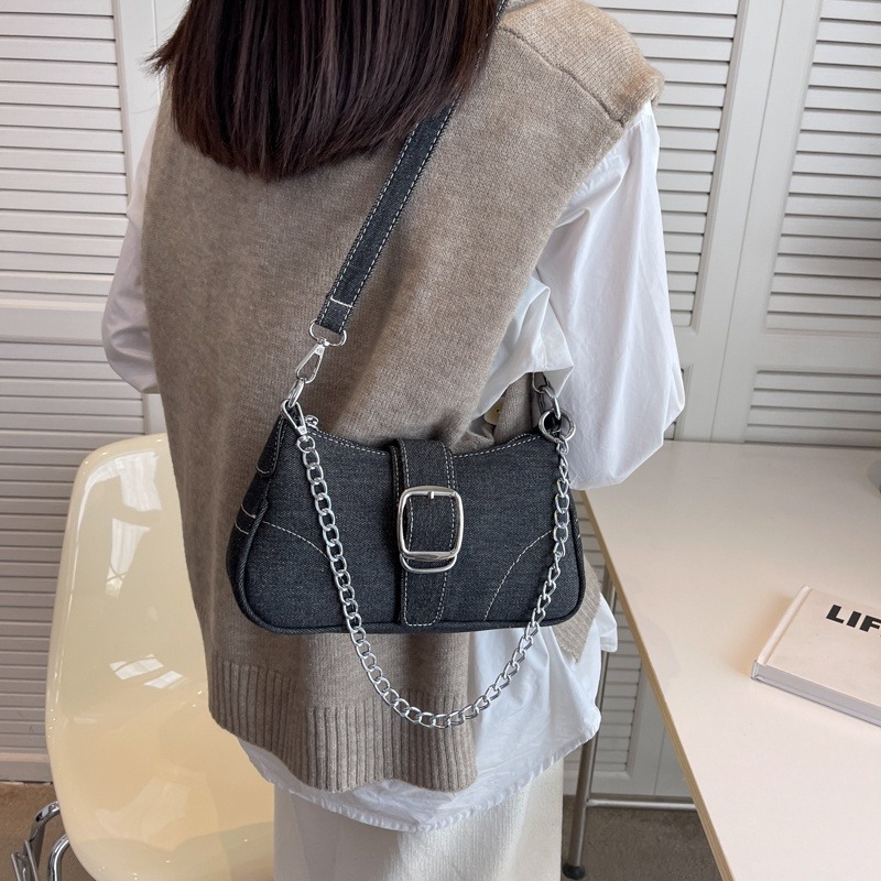 小眾法棍包牛仔布包包女2023新款單肩腋下包高級感斜背包鏈帶包時尚簡約側背包手提包-細節圖3