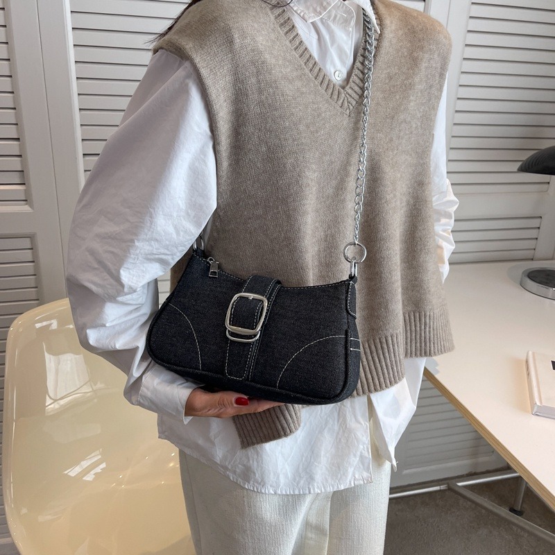小眾法棍包牛仔布包包女2023新款單肩腋下包高級感斜背包鏈帶包時尚簡約側背包手提包-細節圖4