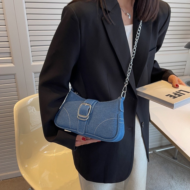 小眾法棍包牛仔布包包女2023新款單肩腋下包高級感斜背包鏈帶包時尚簡約側背包手提包-細節圖6