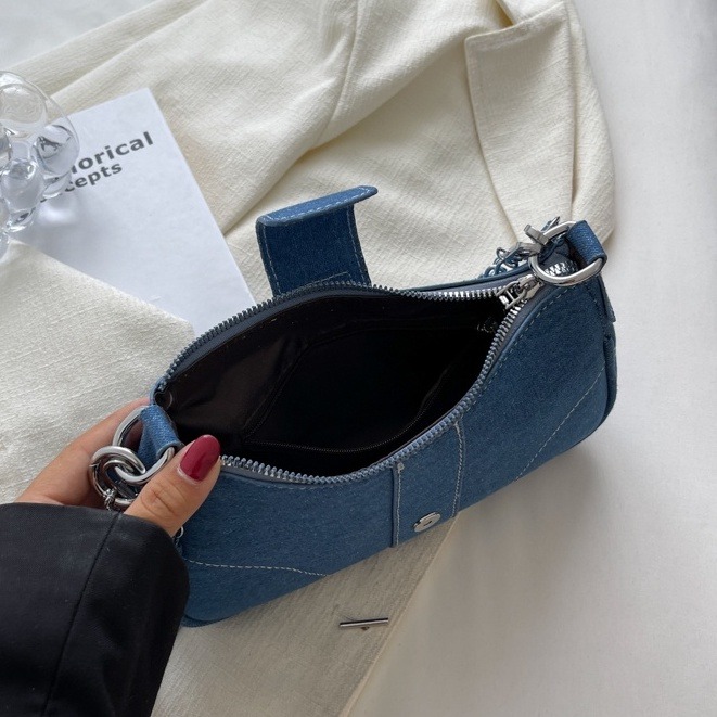 小眾法棍包牛仔布包包女2023新款單肩腋下包高級感斜背包鏈帶包時尚簡約側背包手提包-細節圖8