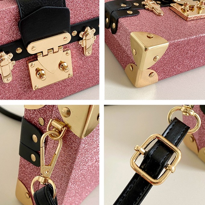 時尚女生盒子包包 閃亮裝飾鎖釦小方包 休閒女生包包 韓版斜背包女 2023年新款側背包 斜跨小包包 手機包-細節圖8