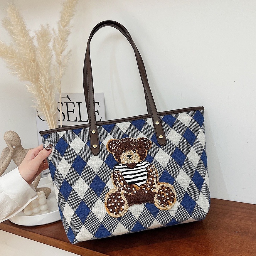 日韩托特包女式时尚手提布包布艺包 手提袋 ins 包包 手提包 通勤单肩包 腋下包 多功能包 可爱小熊包包-細節圖7