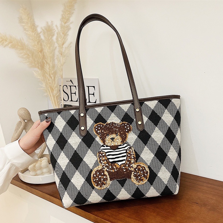 日韩托特包女式时尚手提布包布艺包 手提袋 ins 包包 手提包 通勤单肩包 腋下包 多功能包 可爱小熊包包-細節圖8