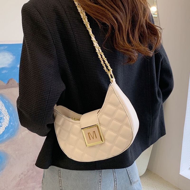 高級感包女2023新款時尚網紅爆款菱格鏈條斜背包百搭斜背包腋下包-細節圖2
