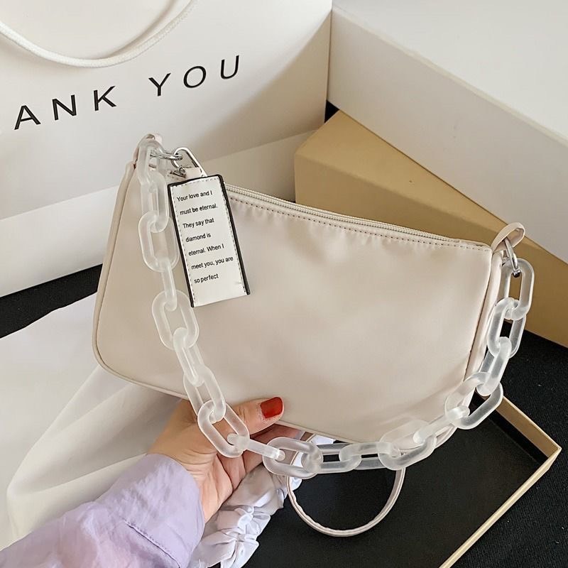 韓國亞克力鏈條挎包 單肩包 斜挎包 女生包包 側背包 暗黑系鏈條包 法式復古單肩包 法棍包 正韓挎包-細節圖2