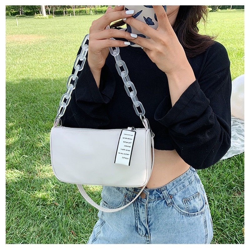 韓國亞克力鏈條挎包 單肩包 斜挎包 女生包包 側背包 暗黑系鏈條包 法式復古單肩包 法棍包 正韓挎包-細節圖4