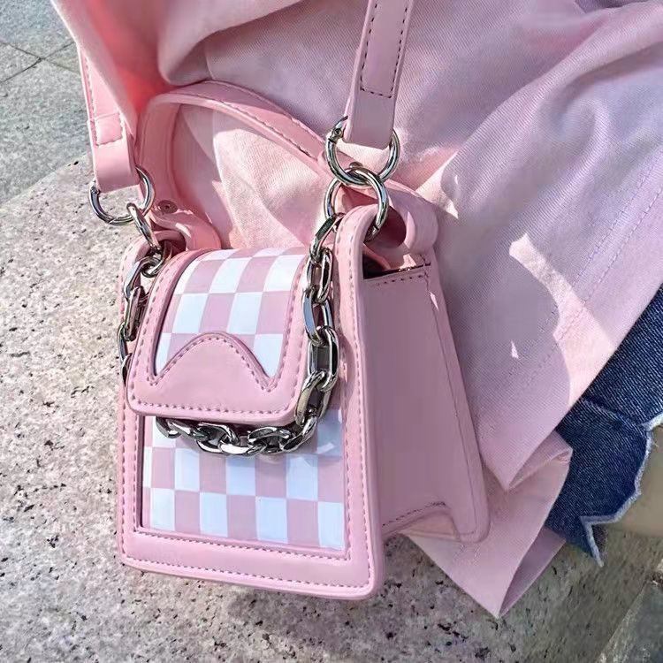 韓版包包 女包原創設計時尚鏈條小方包女2022新款百搭棋盤格單肩斜挎包-細節圖5