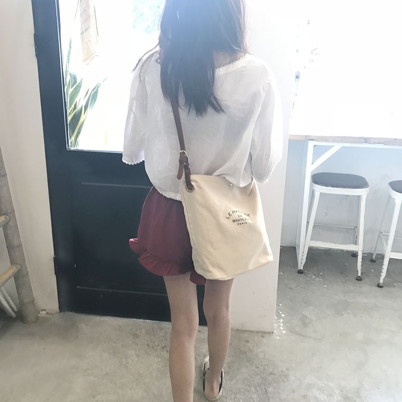  棉麻 帆布袋 肩背包 字母 帆布包 購物袋 文青 休閒 百搭 時尚 簡約 拼接 女生 單肩包 斜背包 側背包-細節圖3