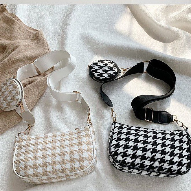 拉鏈手机包 小方包 腋下包 千鳥格小清新復古通勤單肩包 ins風韓版斜挎包-細節圖2