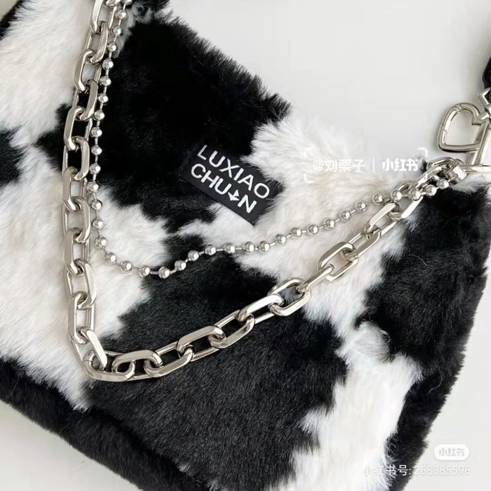 小紅書推薦 原創設計甜酷y2k辣妹毛絨包 格紋腋下包包女 2022秋冬新款鏈條百搭包 側背包 單肩包-細節圖3