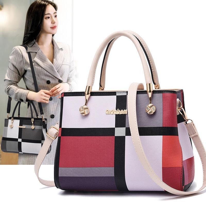 2023新款女包# 格子托特包斜挎包韓版復古拼佈時尚百搭女單肩包時尚-細節圖2