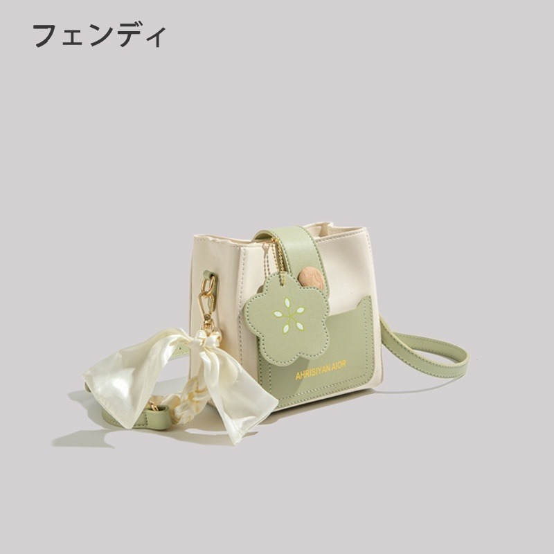 日本フェンディ夏天女包包新款高級感輕奢水桶包斜挎花朵包女表带简约绿色包包-細節圖2