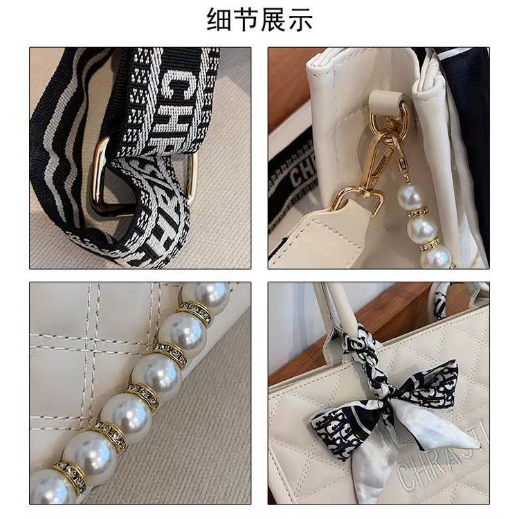 女包 手提包女 斜背包 側背包 菱格包 托特包 大容量包包2022新款日韓淑女大气丝带潮流時尚珍珠包夏季水桶包包-細節圖2