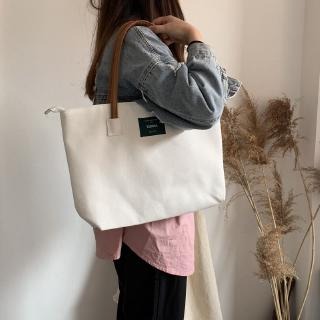 FASHION BAGSTORE，日式原創加厚帆佈單肩拉鍊純色女包手提文件電腦包帆布休閒側背包簡約斜背包大容量托特包-細節圖3