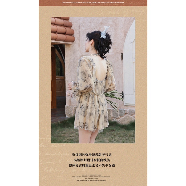 泳衣女新款2022爆款連身裙式保守遮肚顯瘦長袖防晒輕奢度假泡溫泉-細節圖3