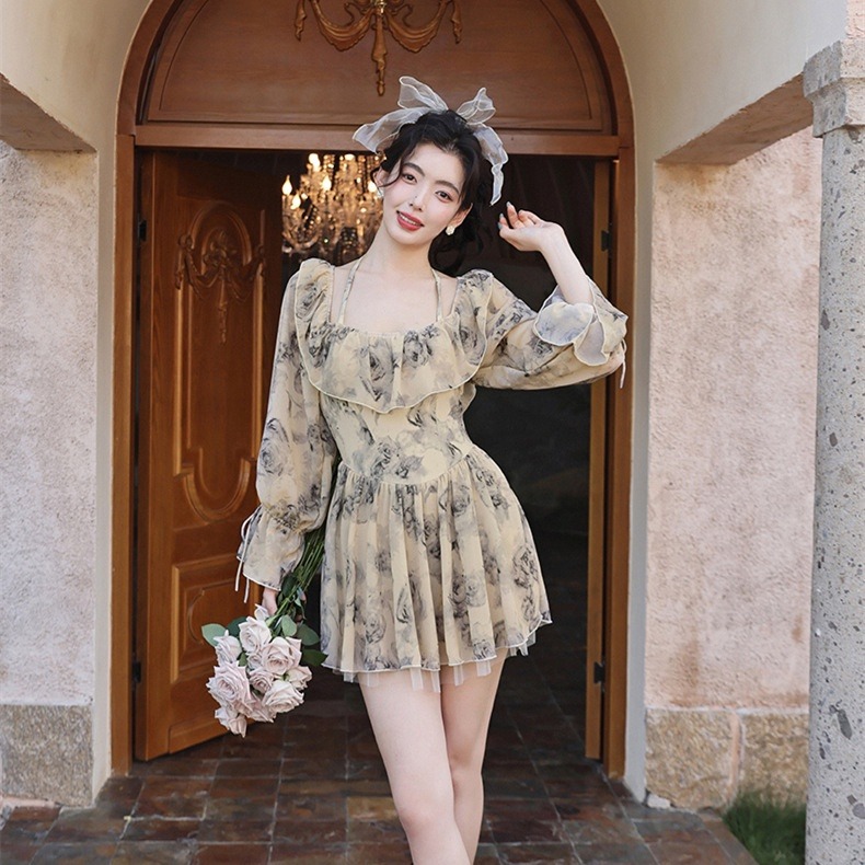 泳衣女新款2022爆款連身裙式保守遮肚顯瘦長袖防晒輕奢度假泡溫泉-細節圖4