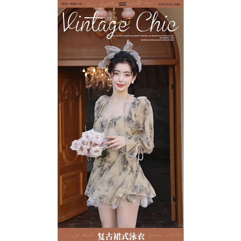 泳衣女新款2022爆款連身裙式保守遮肚顯瘦長袖防晒輕奢度假泡溫泉-細節圖6