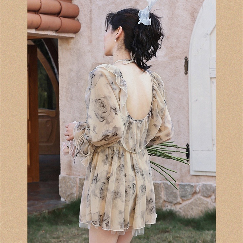 泳衣女新款2022爆款連身裙式保守遮肚顯瘦長袖防晒輕奢度假泡溫泉-細節圖7