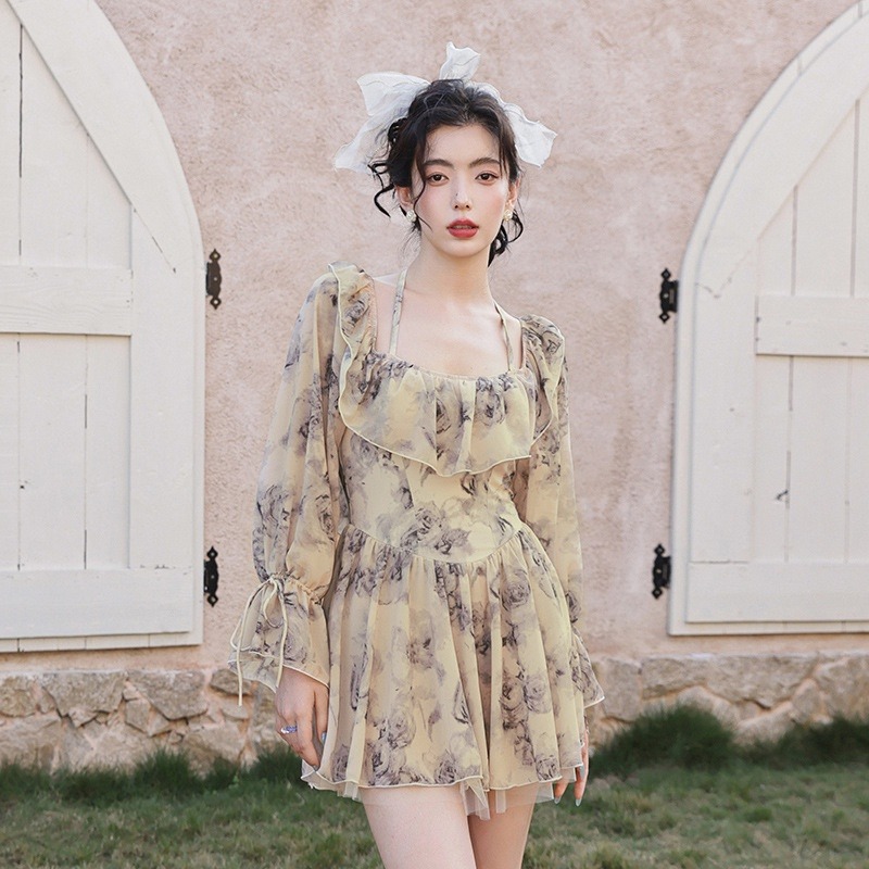 泳衣女新款2022爆款連身裙式保守遮肚顯瘦長袖防晒輕奢度假泡溫泉-細節圖9