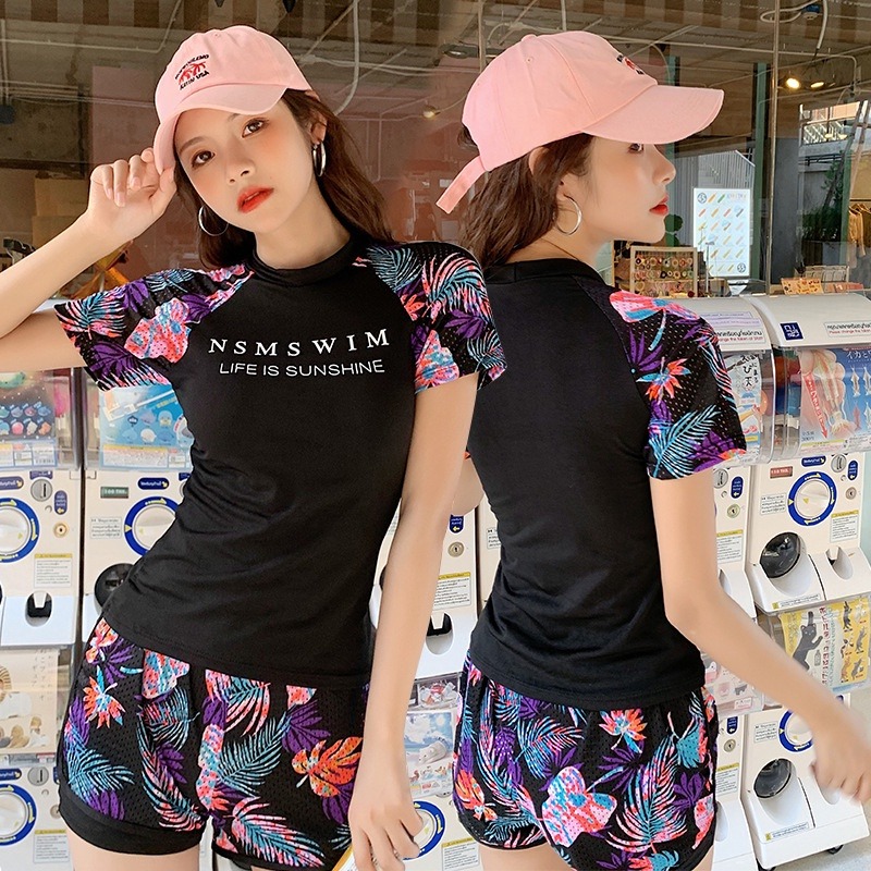 泳衣女分體韓國ins運動款泳裝保守平口短袖泳衣兩件套跨境泳衣-細節圖6