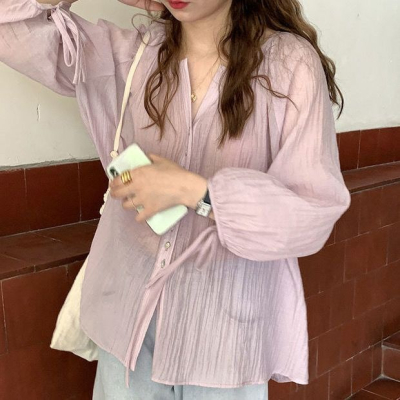 韓國小眾chic防晒襯衫女夏季2021新款薄款燈籠袖休閒寬鬆褶皺襯衫