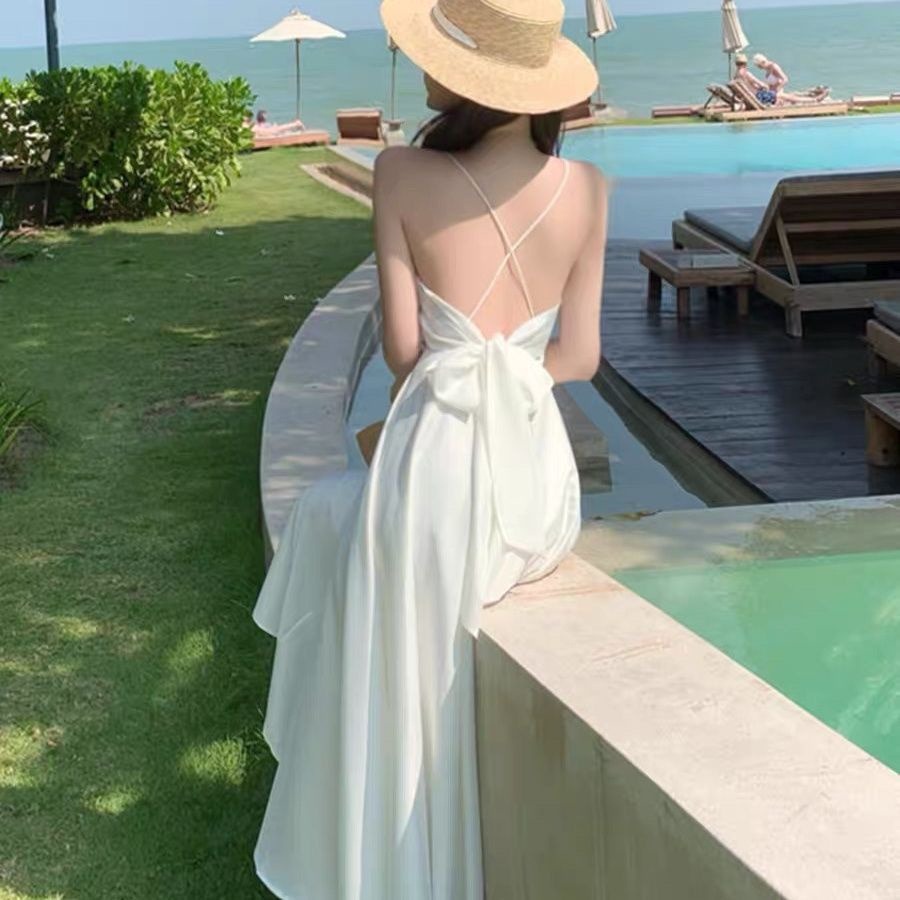 海邊度假洋裝夏季超仙三亞旅行穿搭白色性感露背吊帶裙沙灘裙女-細節圖3