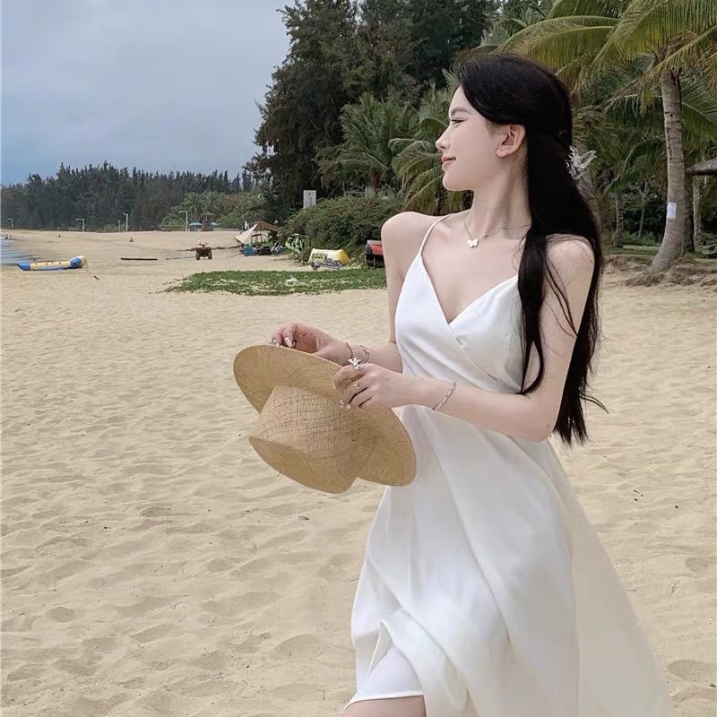海邊度假洋裝夏季超仙三亞旅行穿搭白色性感露背吊帶裙沙灘裙女-細節圖6