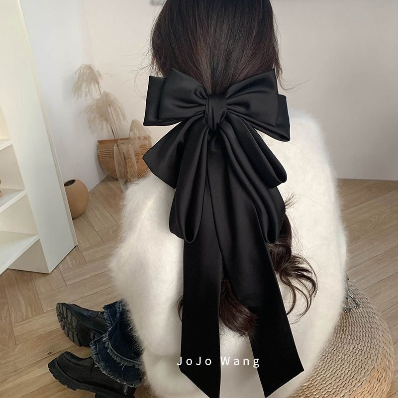 長髮及腰啦~黑色大蝴蝶結飄帶髮夾女高級感後腦勺頭飾髮飾邊夾頂-細節圖3