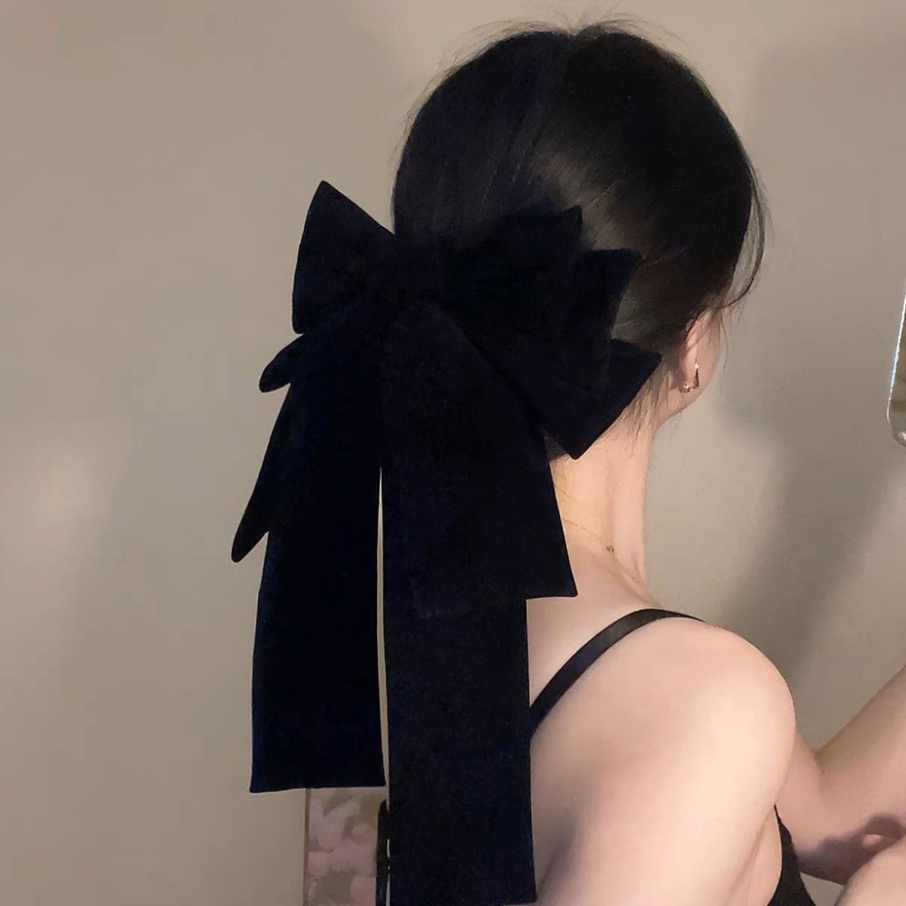 長髮及腰啦~黑色大蝴蝶結飄帶髮夾女高級感後腦勺頭飾髮飾邊夾頂-細節圖4