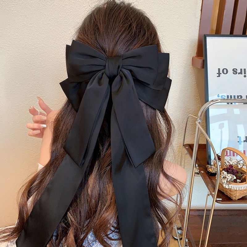 長髮及腰啦~黑色大蝴蝶結飄帶髮夾女高級感後腦勺頭飾髮飾邊夾頂-細節圖6
