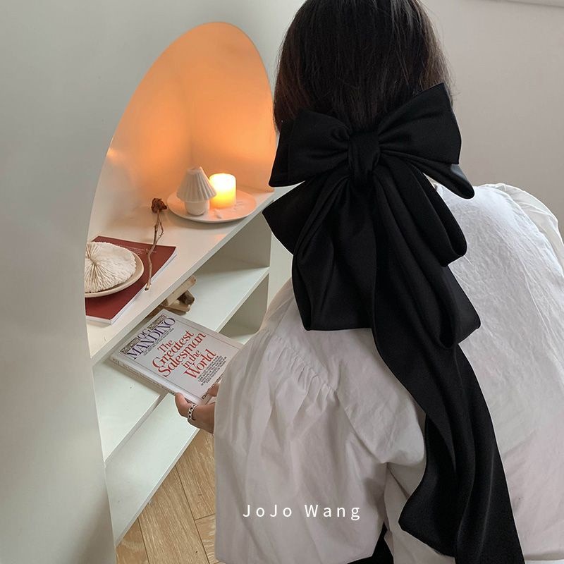 長髮及腰啦~黑色大蝴蝶結飄帶髮夾女高級感後腦勺頭飾髮飾邊夾頂-細節圖7