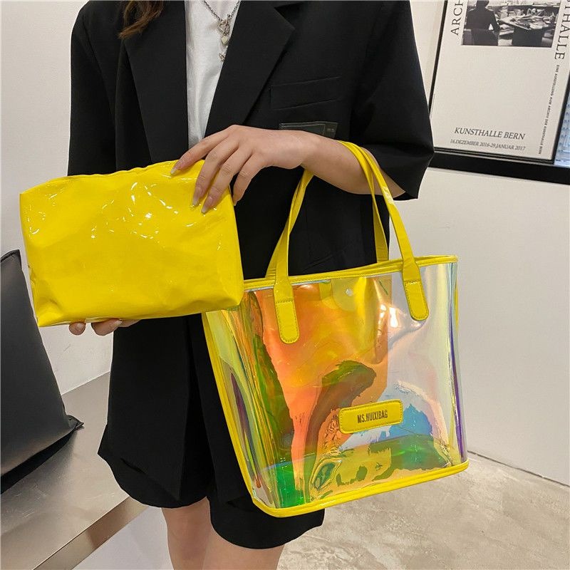 時尚百搭透明炫彩包女2023新款潮大容量鐳射炫彩果凍包韓版單肩包-細節圖2