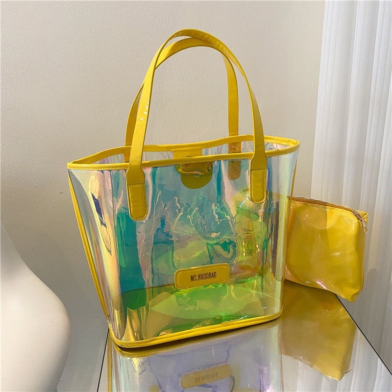 時尚百搭透明炫彩包女2023新款潮大容量鐳射炫彩果凍包韓版單肩包-細節圖5