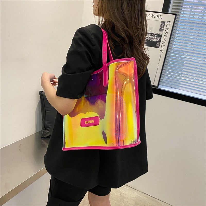 時尚百搭透明炫彩包女2023新款潮大容量鐳射炫彩果凍包韓版單肩包-細節圖6