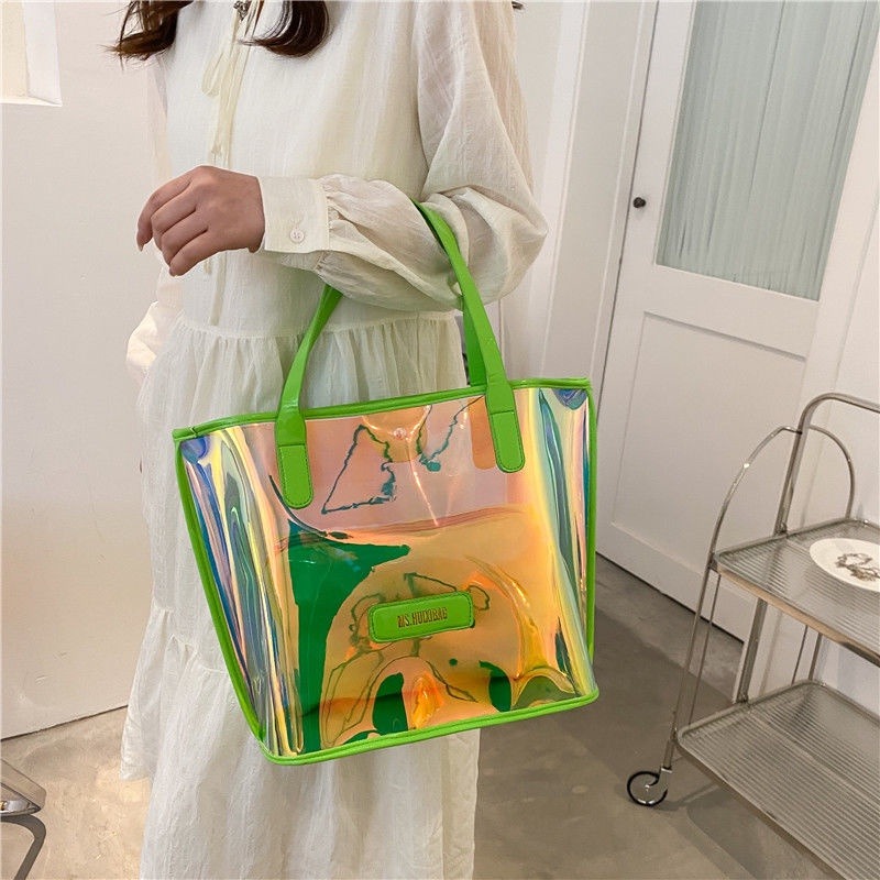 時尚百搭透明炫彩包女2023新款潮大容量鐳射炫彩果凍包韓版單肩包-細節圖7