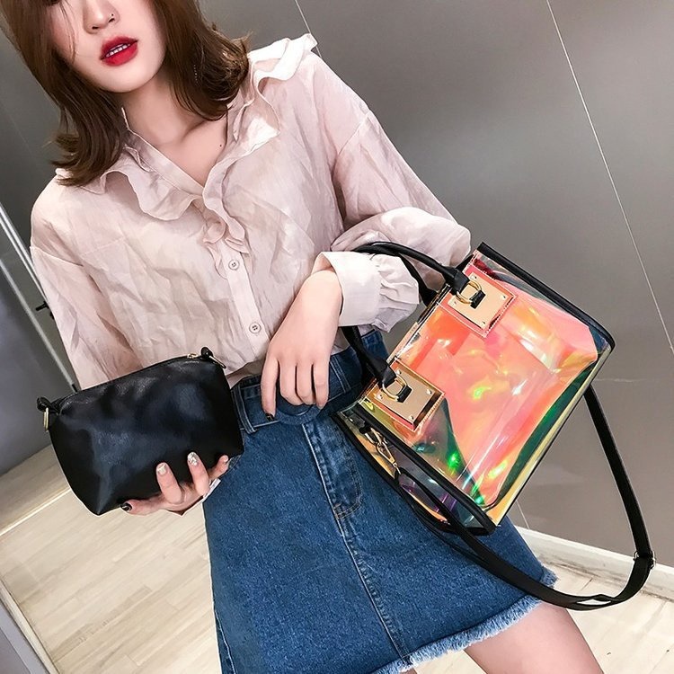 透明果凍水晶包包女包新款2023單肩手提包斜背包韓版潮鐳射子母包-細節圖2