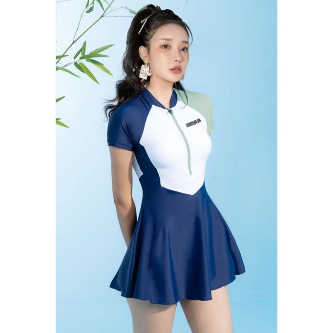 【清涼一夏】泳衣女士2023新款連身泳衣短袖裙式保守泡溫泉運動大尺碼泳裝-細節圖3