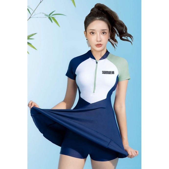 【清涼一夏】泳衣女士2023新款連身泳衣短袖裙式保守泡溫泉運動大尺碼泳裝-細節圖4
