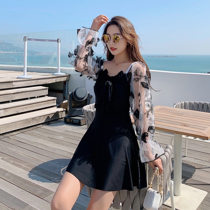 2023女夏新款分體泳衣韓版兩件套性蕾絲感露背遮肚溫泉游泳裝-細節圖7